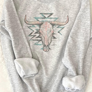 Cow Skull Sweatshirt, Retro Western Sweatshirt, Aztec Sweatshirt, Vintage Rodeo Sweatshirt