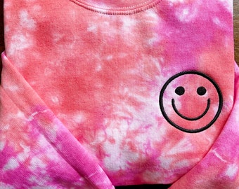 Embroidered Happy Face tie dye Sweatshirt, Embroidered tie dye Shirt, Smile embroidered sweatshirt, Boho sweatshirt, Gift for Her