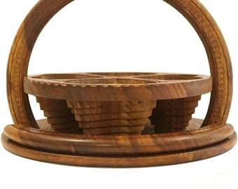 Wooden Handmade Collapsible Antique Dry Fruit Basket with Folding Trivet 