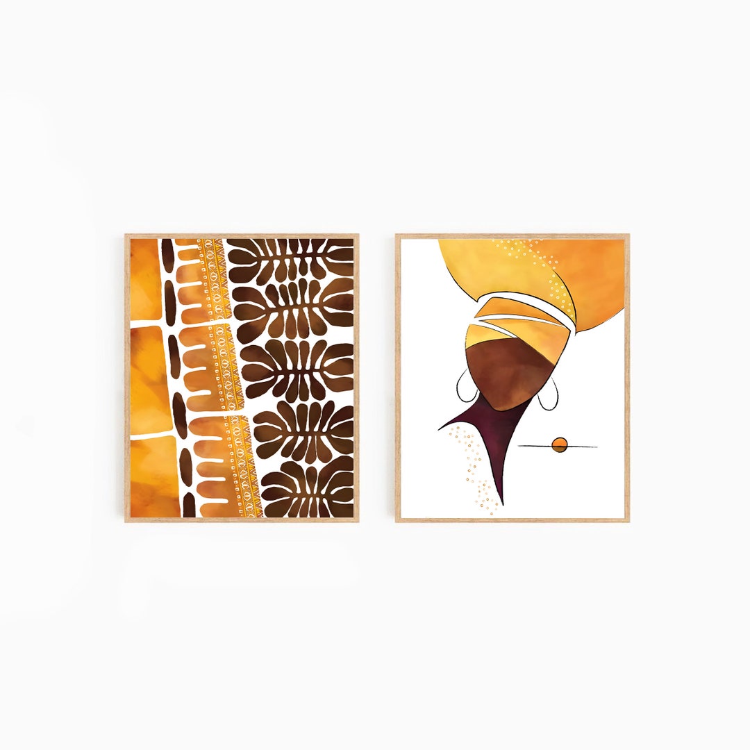 Abstract Boho Mustard Yellow Gallery Wall | Set of 2 Yellow Tribal Art ...