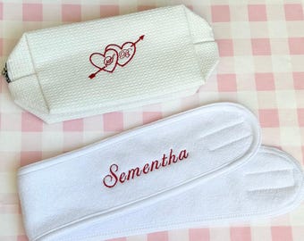 Personalized Valentine's Gift Set | Embroidered Waffle Pouch & Spa Headband