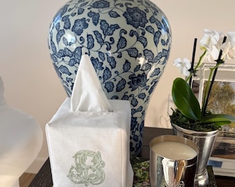 Monogrammed Tissue Box Cover - Embroidered Initial Cotton Canvas
