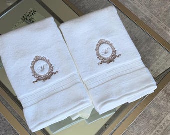 Monogram Hand Towel – Personalized Embroidered Crest Towel, Custom Initial, Bathroom Decor