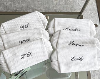 Personalized Waffle Cosmetic Pouch | Custom Travel Makeup Bag | Bridesmaid Gift | Embroidered Name Pouch