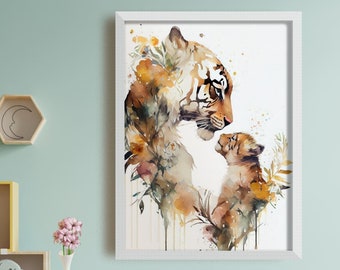 Tiger Family Wall Art Prints - Cute Tiger Family Decor for Child's Room - Tiger Family Nursery Wall Art - Mom and Baby Tiger Toddler Prints