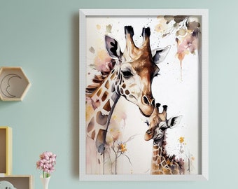 Stampa artistica da parete giraffa per la cameretta dei bambini - Decorazione giraffa per la cameretta dei bambini - Decorazione da parete giraffa - Arte da parete per bambini - Stampe di animali dello zoo di mamma e bambino