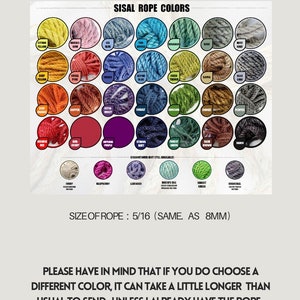 Pode incluir: Um gr&aacute;fico que mostra 28 cores diferentes de corda de sisal. A corda tem uma espessura de 5/16 de polegada. As cores incluem: amarelo c&iacute;trico, chiclete, azul gelo, azul turquesa, grama marinha, s&aacute;lvia, cinza neblina, amarelo intenso, rosa coral, xadrez, azul alpino, fio dourado, camelo, cinza azulado, laranja vermelho, cobre, violeta ultra, coral, esmeralda, verde floresta, marrom escuro, corvo, branco marfim, framboesa, lavanda, c&atilde;o marrom, verde dente, carv&atilde;o.