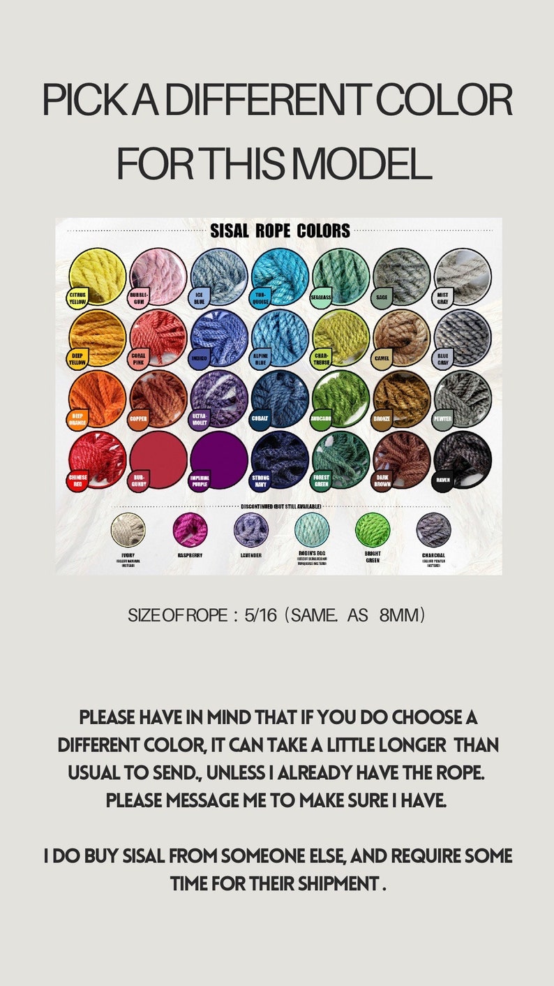 Pode incluir: Um gr&aacute;fico que mostra 28 cores diferentes de corda de sisal. A corda tem uma espessura de 5/16 de polegada. As cores incluem: amarelo c&iacute;trico, chiclete, azul gelo, azul turquesa, grama marinha, s&aacute;lvia, cinza neblina, amarelo intenso, rosa coral, xadrez, azul alpino, fio dourado, camelo, cinza azulado, laranja vermelho, cobre, violeta ultra, coral, esmeralda, verde floresta, marrom escuro, corvo, branco marfim, framboesa, lavanda, c&atilde;o marrom, verde dente, carv&atilde;o.