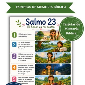 Tarjetas Bíblicas dla Memorizar Salmo 23 dla Niños | Versículos Ilustrados | PDF Niezadrukowany | Escuela Dominical