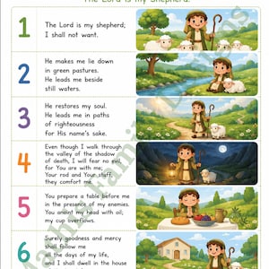 May include: A Psalm 23 educational poster featuring the text The Lord is my Shepherd and six numbered verses. Each verse is paired with a colorful illustration of a shepherd and sheep in various settings, including pastures, a path, and a table.