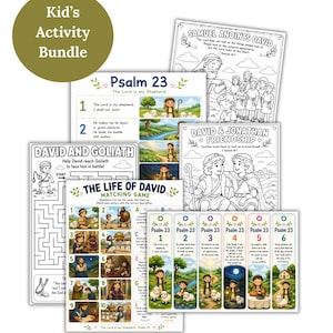 Puede incluir: Una colección de hojas de actividades imprimibles titulada The Life of David Kid's Activity Bundle. El conjunto incluye páginas para colorear en blanco y negro, un juego de emparejar del Salmo 23, un laberinto de David y Goliat y marcapáginas.
