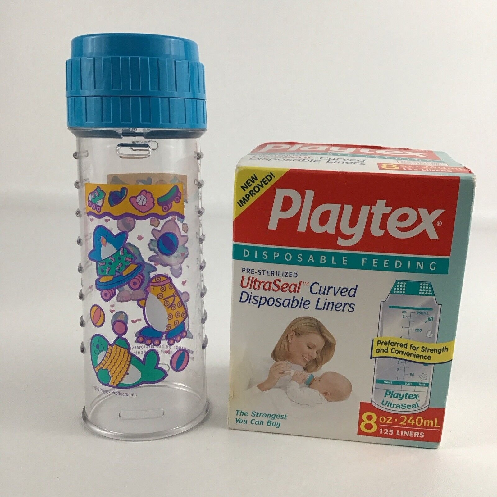 Vintage 90s Playtex Baby Bottle 8oz Blue Sea Animals Colorful