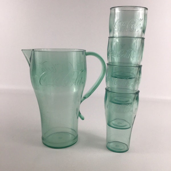 Coca Cola Drinkware Set Plastic Pitcher Glasses Green Collectible Container Cups