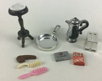 Vintage 9pc Mini Dollhouse Accessories Toys Metal Collectible Kitchen Pan Kettle