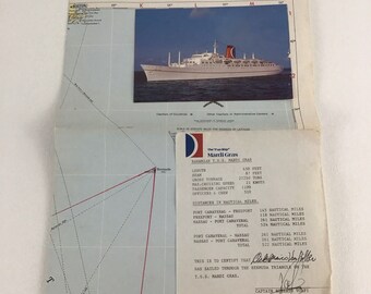Vintage Carnival Cruise Original Mardi Gras Ship Bermuda Triangle Map Signed 70s