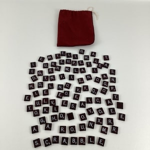 Scrabble Tiles Pouch Lot Word Game Letters Black Colored Tokens .75&quot; Vintage
