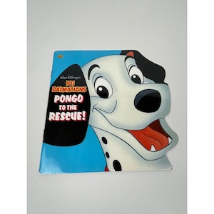 May include: A children's book titled "Walt Disney's 101 Dalmatians Pongo to the Rescue!" features a smiling Dalmatian dog illustration. The book has a blue background and a white cover with black text. The cover is shaped like the dog's head.