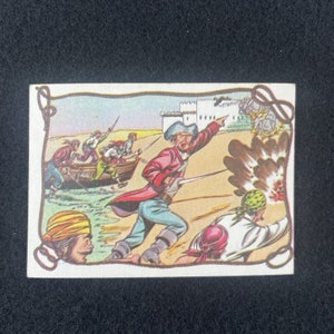 May include: A vintage illustration depicting pirates attacking a fort. The pirates are in a boat and firing cannons at the fort. The fort is white with a brown roof. The pirates are wearing red, blue and yellow clothing. The illustration is on a white background with a brown border.