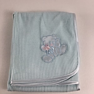 Waffle Weave Blanket Teddy Bear Nursery Lovey Satin Trim 27&quot;x30&quot; Vintage Sears