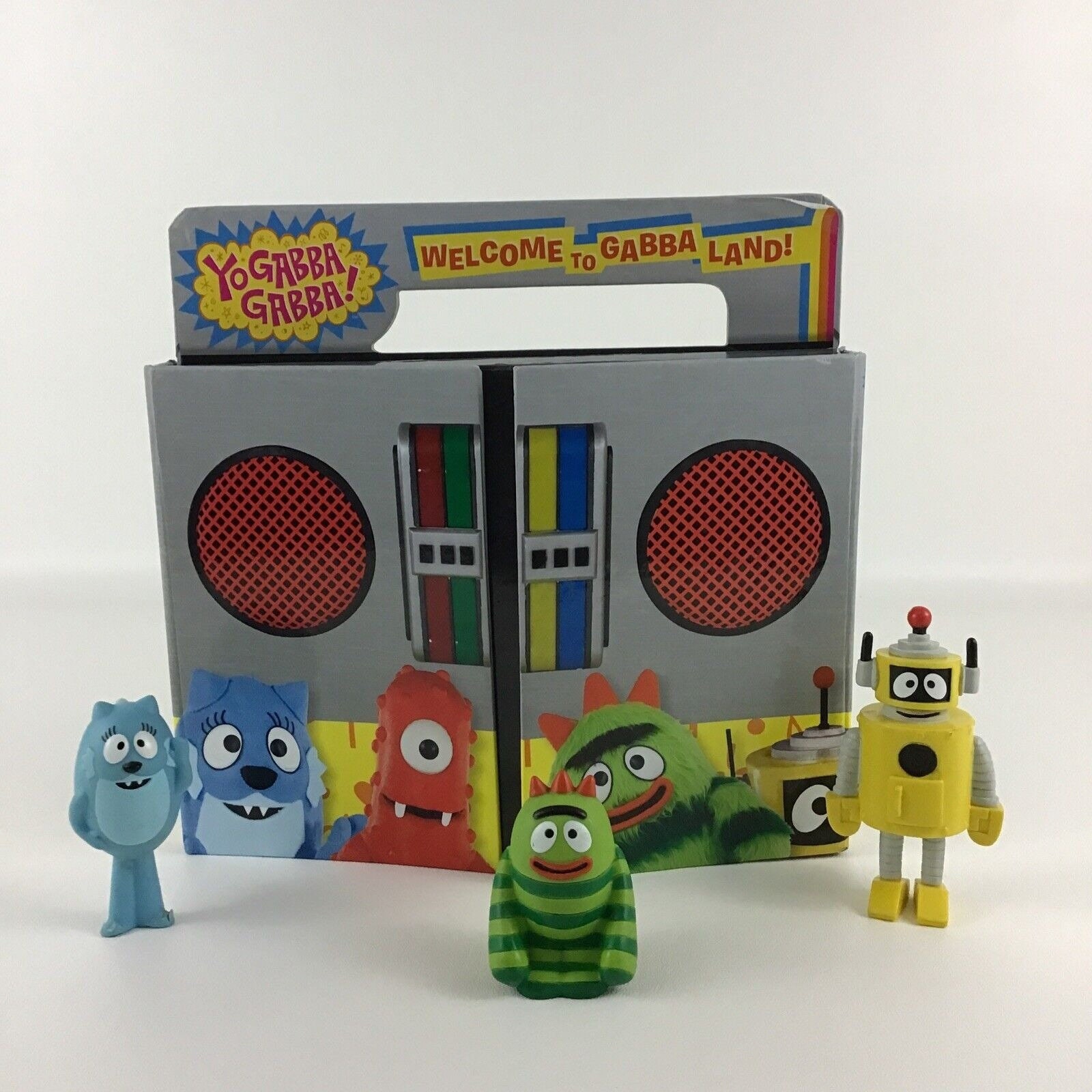 Yo Gabba Gabba Welcome to Gabba Land Hardcover Boombox Book With Figures  Lot Toy 