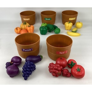 May include: A set of five brown plastic buckets labelled Orange, Green, Yellow, Purple, and Red, accompanied by various plastic fruits and vegetables in matching colours, including a pumpkin, pepper, broccoli, lime, banana, corn, eggplant, grapes, and tomato.
