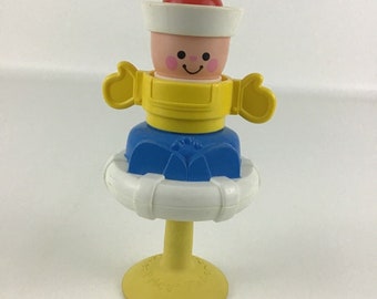 Fisher Price Sailor Baby Rattle Suction High Chair Squeak Toy Vintage 1984