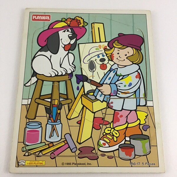 Playskool Jumbo Wood Puzzle Artist Pup Dog Painter Toddler First Vintage 186-17