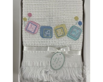 Vintage Baby Blanket 36x44 White Shawl Jacquard Woven Embroidery