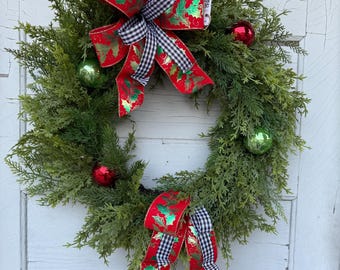Christmas Greenery Wreath with Red Gingham Bow, Traditional Christmas Wreath, Front Door Christmas Decor with Greenery, gift