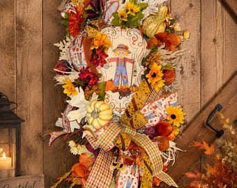 Fall Scarecrow Door Swag, Large Autumn Front Door Decor, Farmhouse Fall Wreath, Thanksgiving Door Decoration, Pumpkin Scarecrow Swag