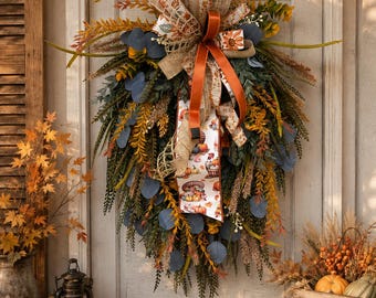 Fall Door Swag | Autumn Front Door Swag | Farmhouse Fall Door Hanger | Eucalyptus & Wheat Fall Decor | Thanksgiving Porch Decoration
