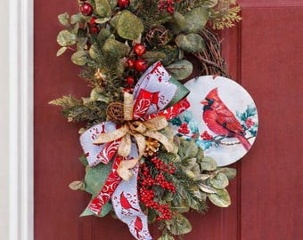 Cardinal Winter Grapevine Wreath with Gold tones Cardinal Holiday Door Decor Rustic Cardinal Door Wreath Memorial Decoration
