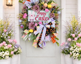 Whimsical Happy Easter Wreath – Pastel Spring Door Decor with Bunny Sign, Spring Wreath Easter Door Decor Front Door Wreath