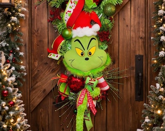 Green Monster Christmas Swag Traditional Christmas Door Decor Grinch themed Christmas Swag Large Christmas Door Decor Fun Christmas Wreath
