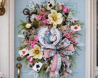 Alice in Wonderland Wreath, Whimsical Spring Door Decor, Mad Hatter Wreath, Playing Card Wreath, Wonderland Rabbit Door Hanger, Easter Decor