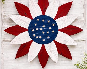 Handmade Patriotic Wooden Flower: Rustic Americana Wall Decor (28”x28”), Gift, gift for him, wood wall art