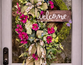 Summer Welcome Wreath, Oval Moss Door Hanger, Pink Floral Wreath, Highland Cow Ribbon Wreath, Front Door Decor, Farmhouse Porch Decor