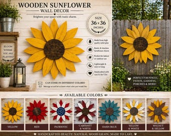 Large Wooden Sunflower Wall Decor 36x36 Pine Wood, Custom Color Sunflower, Farmhouse Wall Art, Fence Decor, Porch Decor, Rustic Outdoor Sign