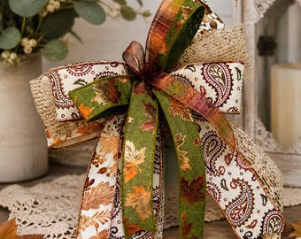 Fall Lantern Bow – Autumn Wreath Bow – Rustic Harvest Decor – Burlap & Leaf Ribbon Bow – Front Door Decor