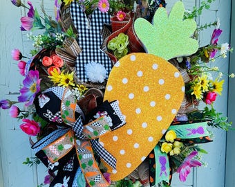 Easter Wreath Easter Decor Gingham Bunny Easter Wreath, Glitter Carrot, Spring Floral Wreath Spring Wrearh