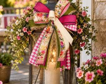 Pink Floral Lantern Bow – Wired Layered Bow for Wreaths & Lanterns – Butterfly Ribbon Bow – Front Door Decor – Farmhouse Summer Accent