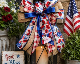 Patriotic Bow – Red White Blue Floral Wreath Bow – Americana Burlap Ribbon Bow – 4th of July Door Decor – Farmhouse Rustic Accent