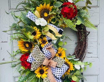 Sunflower and Red Geranium Wreath – Grapevine Base – Farmhouse Summer Front Door Wreath – Black & White Ribbon Porch Decor Spring and Summer