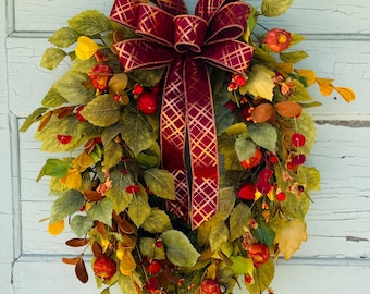 Fall Wreath for Front Door, Autumn Door Wreath, Large Fall Wreath with Burgundy Bow, Thanksgiving Decor, Farmhouse Porch Decor