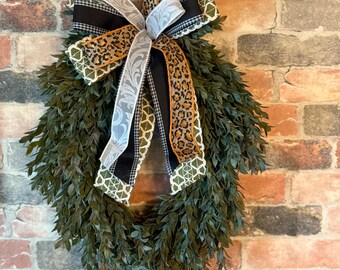 Farmhouse Greenery Wreath, Leopard Print Bow, Handmade Grapevine Wreath, Ruscus leaves wreath, Fall Wreath