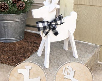 Handcrafted Wooden Reindeer, White Farmhouse Christmas Decor, Christmas Yard Decor, red nose reindeer
