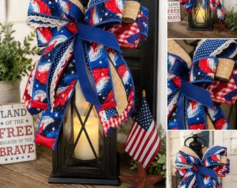 Patriotic Lantern Bow | Red White Blue Decorative Bow | Americana Wreath Bow | Farmhouse Fourth of July Decor | Memorial Day Porch Bow