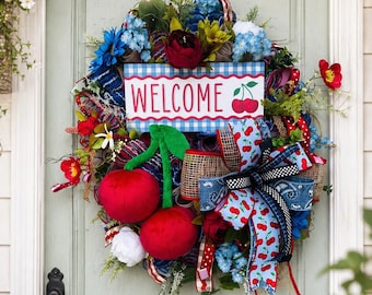 Summer Wreath, Fun Door Decor, Cherry Welcome Wreath, Summer Floral Door Decor,  Large Spring Wreath, Welcome Wreath, Patriotic Wreath