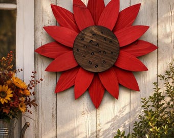 Burnt Orange Wooden Sunflower Door Hanger | Handcrafted Fall Front Door Decor | Rustic Farmhouse Wall Hanging | Autumn Porch Decor