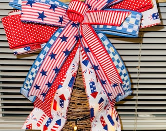 Patriotic Americana Bow, Red White Blue Firecracker Ribbon, 4th of July Decor